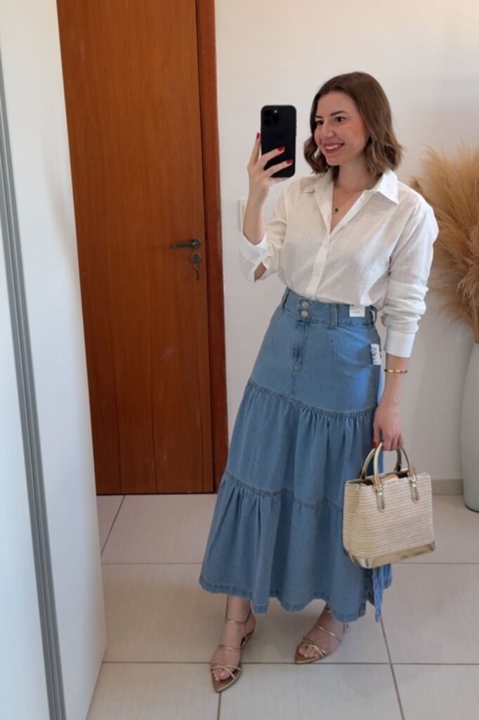 White Linen Button-Down Shirt + Tiered Denim Maxi Skirt + Straw Tote Bag