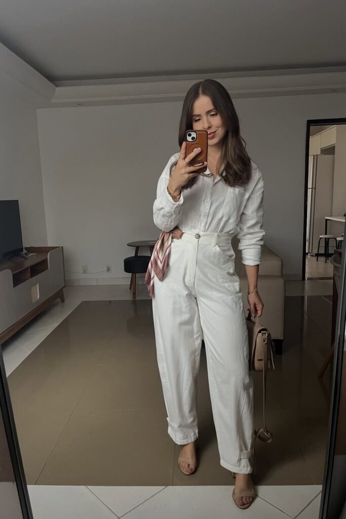 White Linen Button-Up Shirt + High-Waisted White Trousers + Beige Strappy Heels