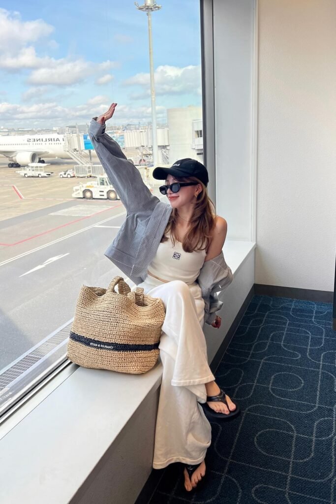 White Loewe Tank Top + Oversized Striped Shirt + White Sweatpants + Black Sandals