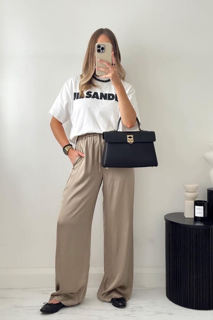 White Logo T Shirt + Taupe Satin Wide Leg Pants + Black Ballet Flats