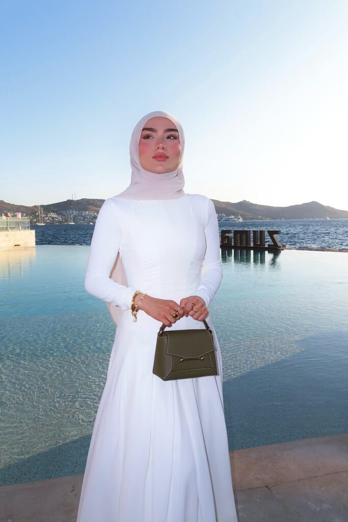White Long-Sleeve Maxi Dress + Beige Hijab + Olive Green Handbag