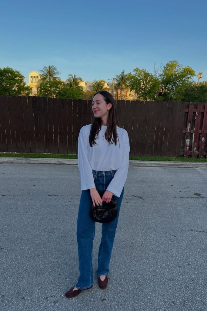 White Long Sleeve T Shirt + Mid Wash Straight Jeans + Brown Ballet Flats