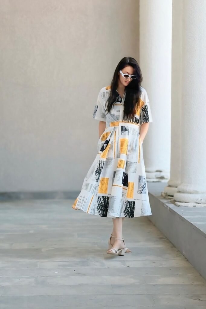 White Newspaper Print Shirt Dress + White Sunglasses + Nude Heeled Sandals