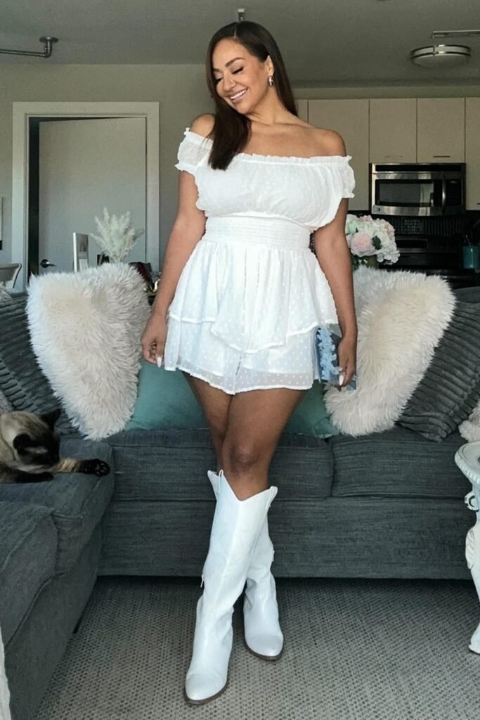 White Off-the-Shoulder Eyelet Mini Dress + White Pointed-Toe Cowboy Boots