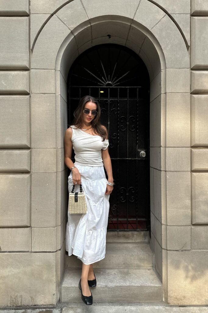 White One Shoulder Ruched Top + White Tiered Maxi Skirt + Black Square Toe Ballet Flats