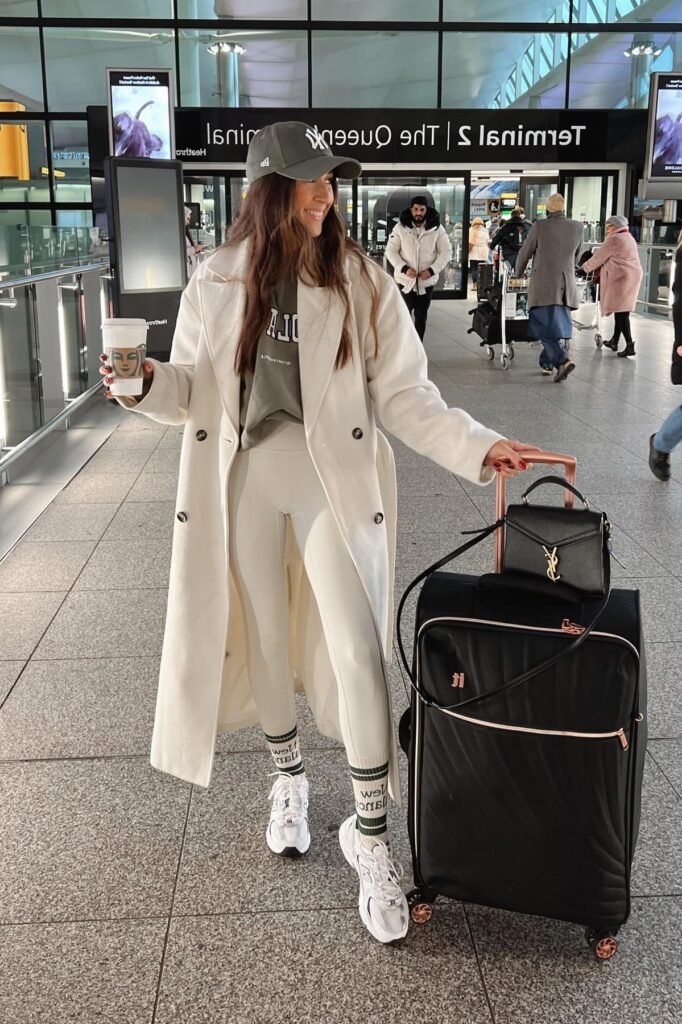 White Overcoat + White Leggings + White Athletic Sneakers
