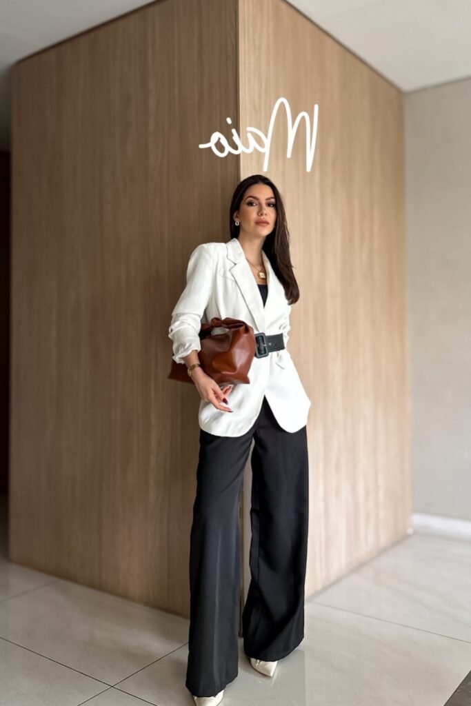 White Oversized Blazer with Black Belt + Black Wide-Leg Trousers + Brown Oversized Clutch