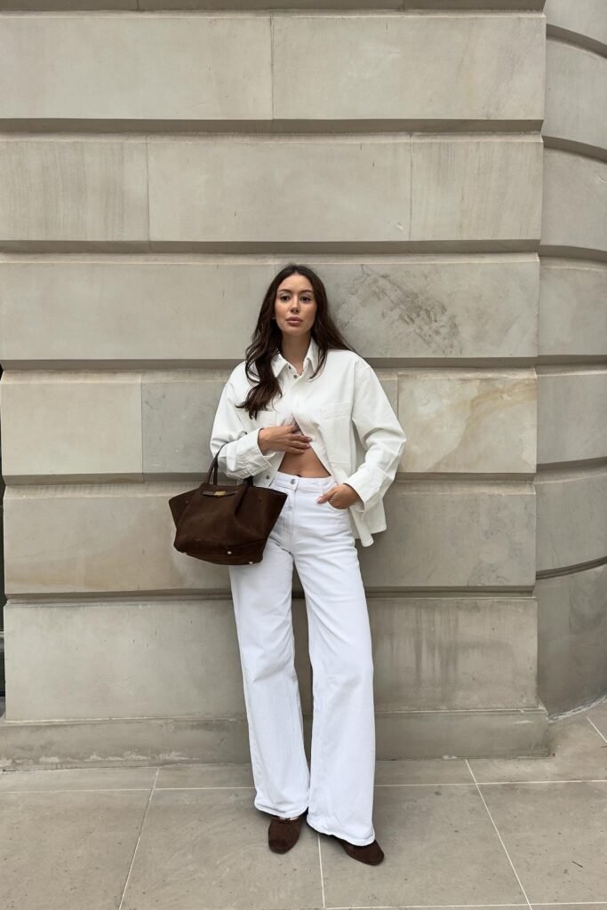 White Oversized Denim Shirt + White High-Waisted Jeans + Brown Suede Flats
