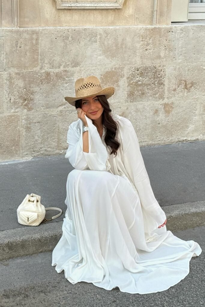 White Oversized Flowy Maxi Dress + Straw Cowboy Hat + White Quilted Bucket Bag
