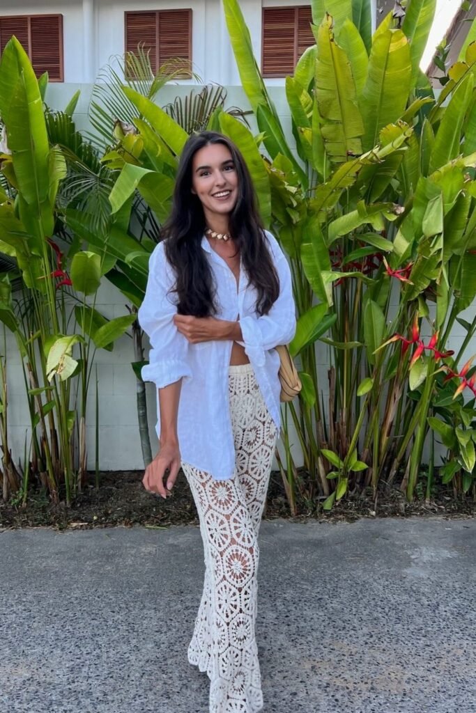 White Oversized Linen Shirt + White Crochet Floral Flare Pants + Neutral Shell Necklace
