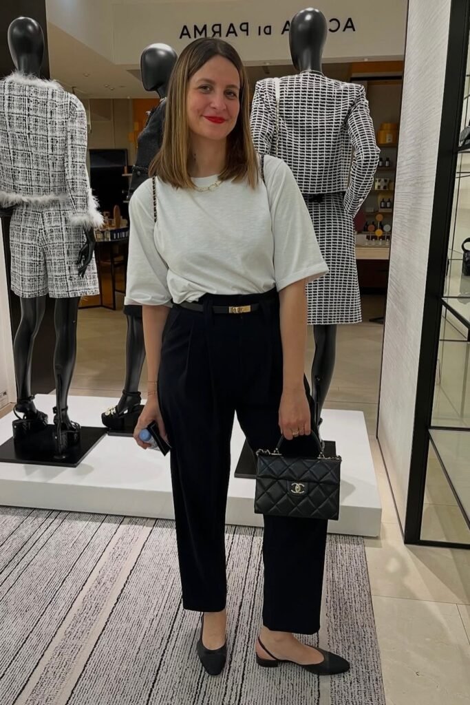 White Oversized T-Shirt + Black High-Waisted Trousers + Black Slingback Flats