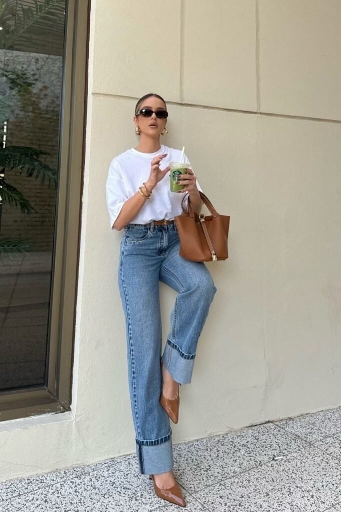 White Oversized T Shirt + Cuffed Wide Leg Jeans + Brown Pointed Toe Heels