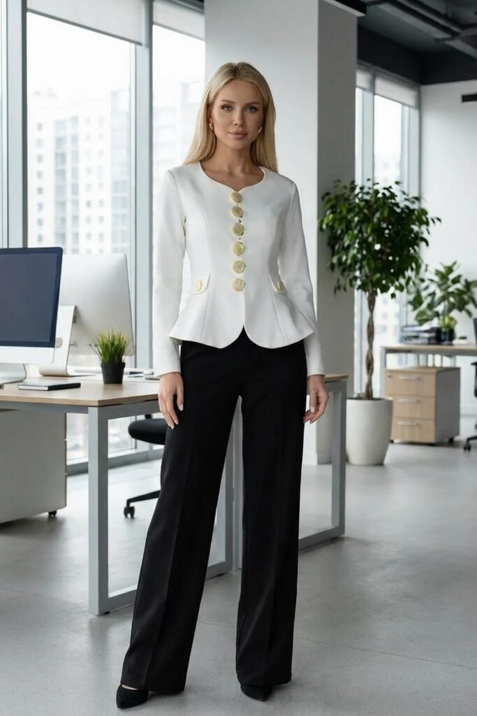 White Peplum Blazer with Gold Buttons + Black Wide-Leg Trousers + Black Pointed Heels