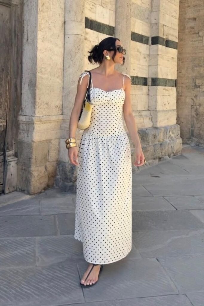 White Polka Dot Midi Dress + Gold Bangle Cuffs + Black Thong Sandals