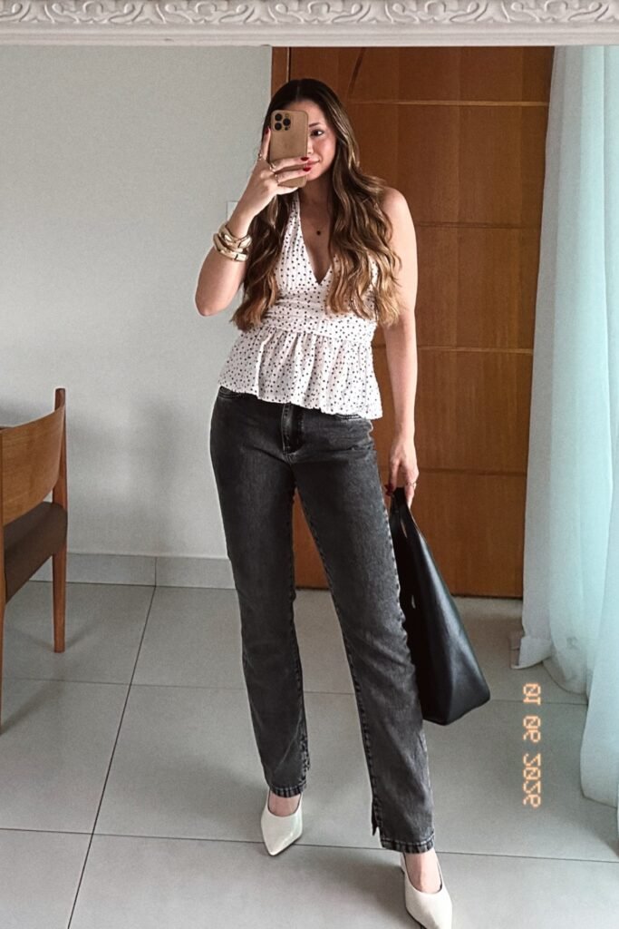 White Polka-Dot Peplum Halter Top + Grey Straight-Leg Jeans + White Pointed-Toe Heels
