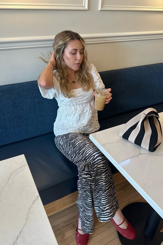 White Puff Sleeve Blouse + Zebra Print Wide Leg Pants + Red Mary Jane Flats