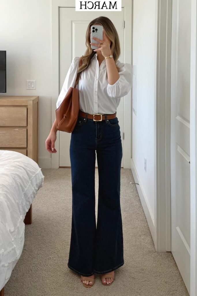 White Puff-Sleeve Button-Up Blouse + Brown Leather Belt + Dark Wash Wide-Leg Jeans + Nude Square-Toe Sandals