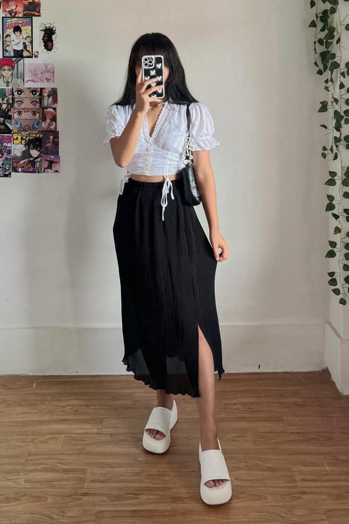 White Puff Sleeve Eyelet Blouse + Black Pleated Midi Skirt with Slit + White Chunky Platform Slides