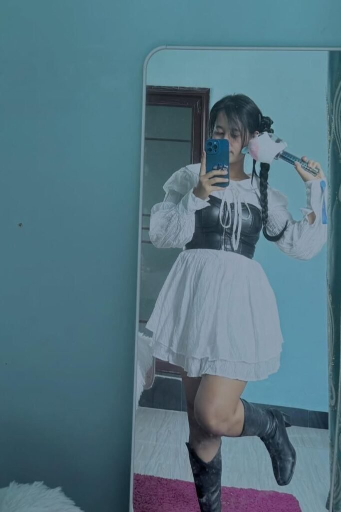 White Puff-Sleeve Mini Dress + Black Leather Corset Belt + Black Mid-Calf Boots