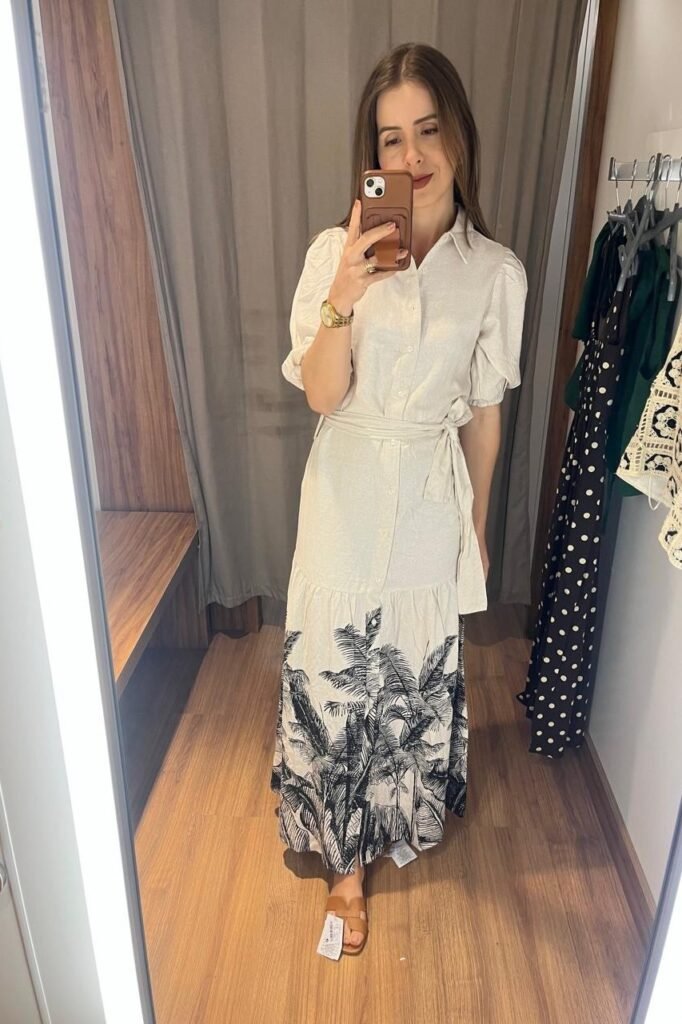 White Puff-Sleeve Shirt Dress with Palm Print Hem + Tan Leather Slides