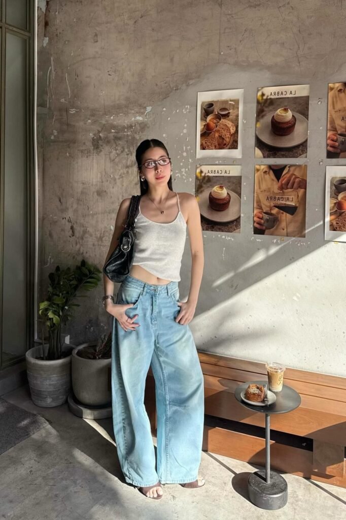 White Ribbed Camisole + Light Wash Baggy Jeans + Brown Sandals