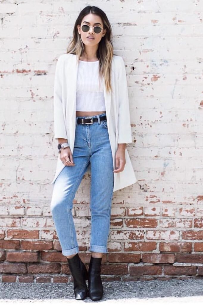 White Ribbed Crop Top + Light Wash Straight Jeans + White Longline Blazer + Black Boots