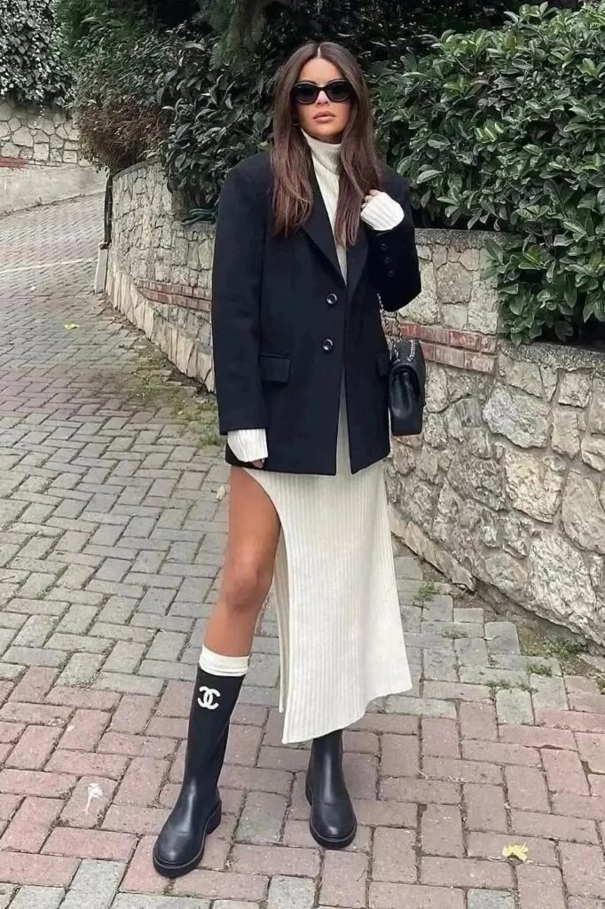 White Ribbed Maxi Dress + Oversized Black Blazer + Black Knee-high Boots