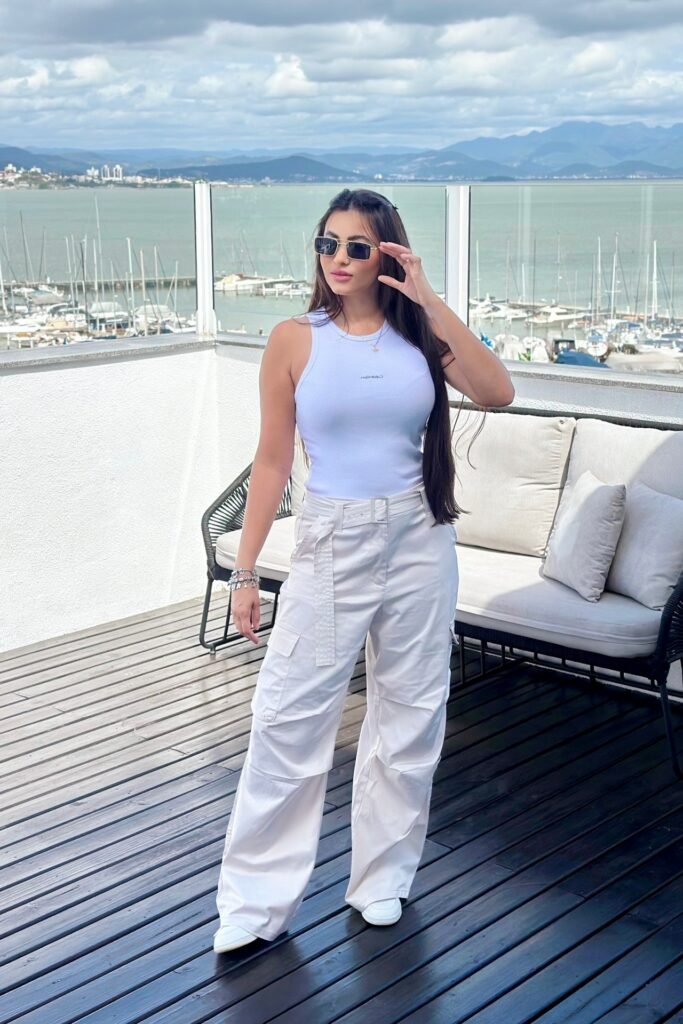 White Ribbed Racerback Tank Top + White High-Waisted Cargo Pants with Belt + White Sneakers