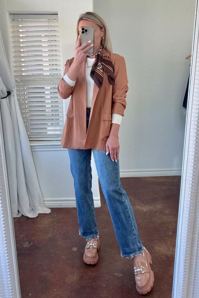 White Ribbed Sweater + Tan Pinstripe Blazer + Medium Wash Frayed Hem Jeans + Tan Lug Sole Loafers
