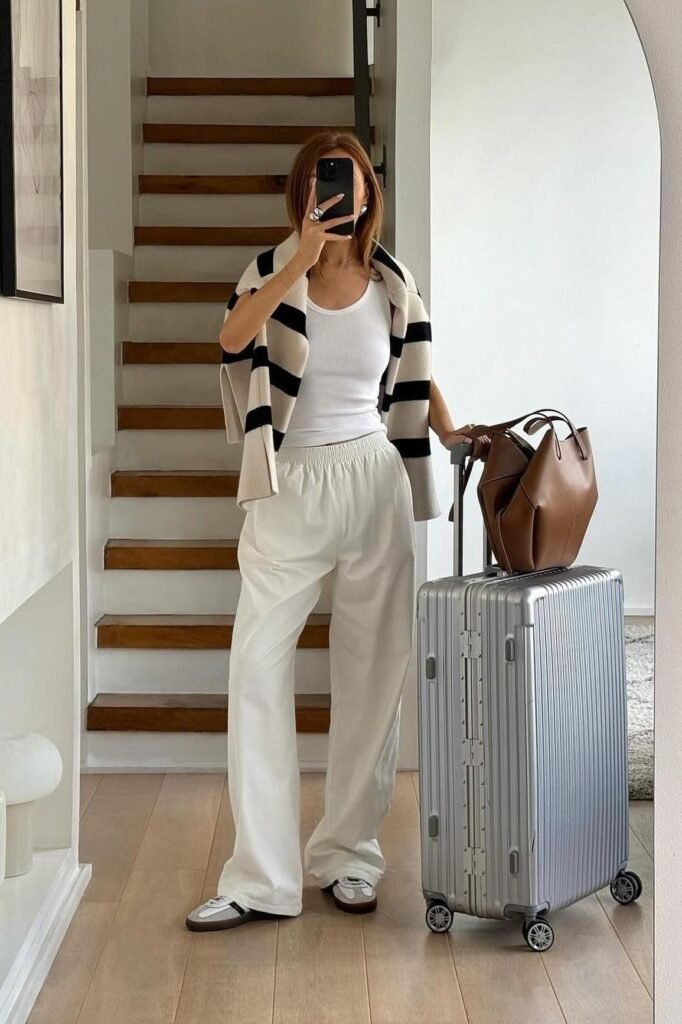 White Ribbed Tank + White Wide-Leg Joggers + Striped Sweater (Draped)