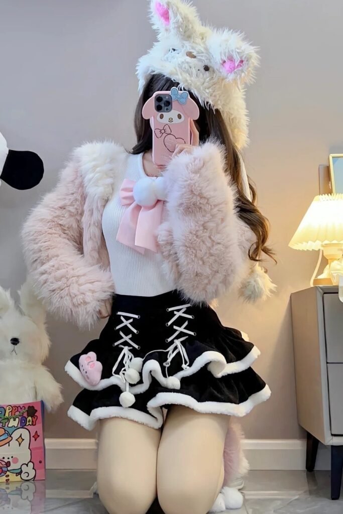 White Ribbed Top with Pink Bow + Black Lace-Up Ruffled Skirt + Fuzzy Bunny Hat