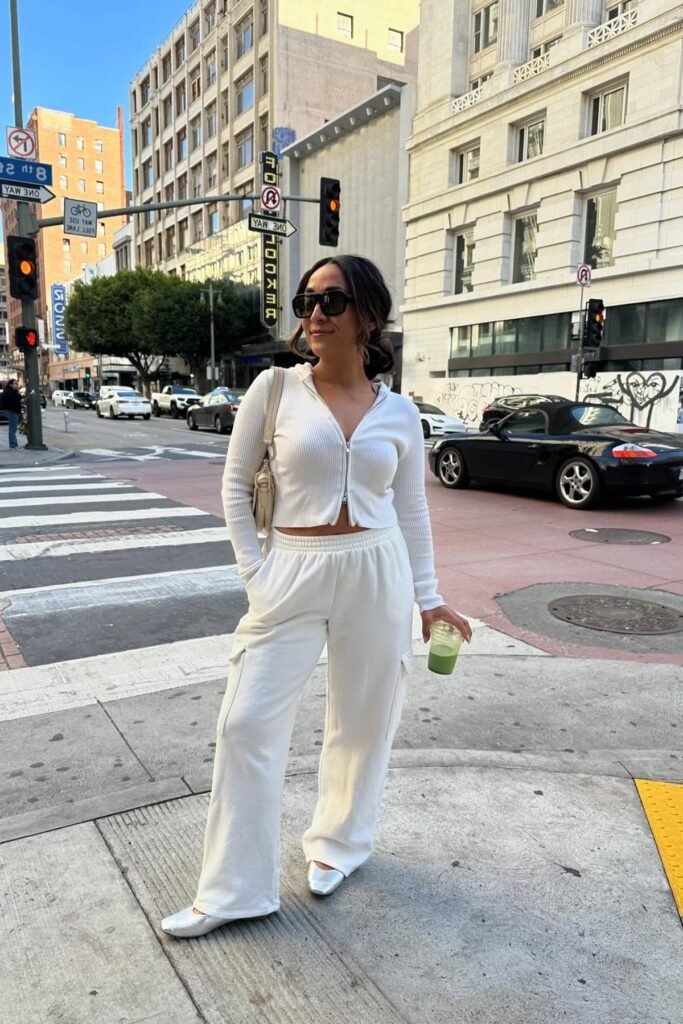 White Ribbed Zip Up Hoodie + White Cargo Sweatpants + Silver Square Toe Flats