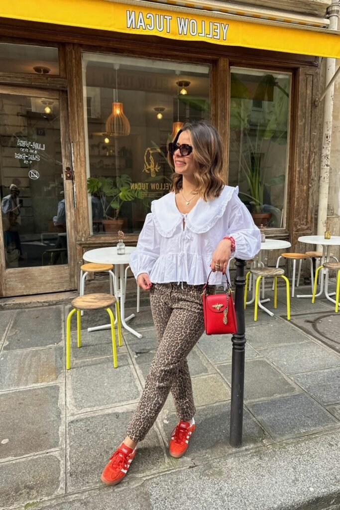 White Ruffle Collar Blouse + Leopard Print Skinny Trousers + Red Gazelle Sneakers
