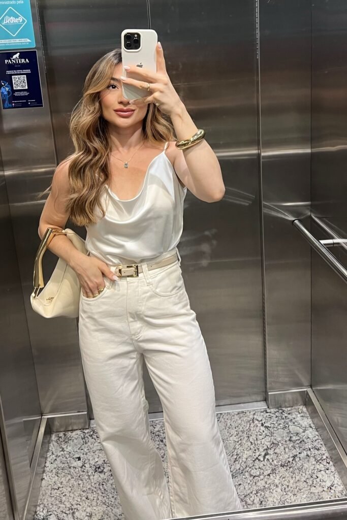 White Satin Cowl Neck Cami + White Wide-Leg Jeans + Cream Belt + Cream Top-Handle Bag