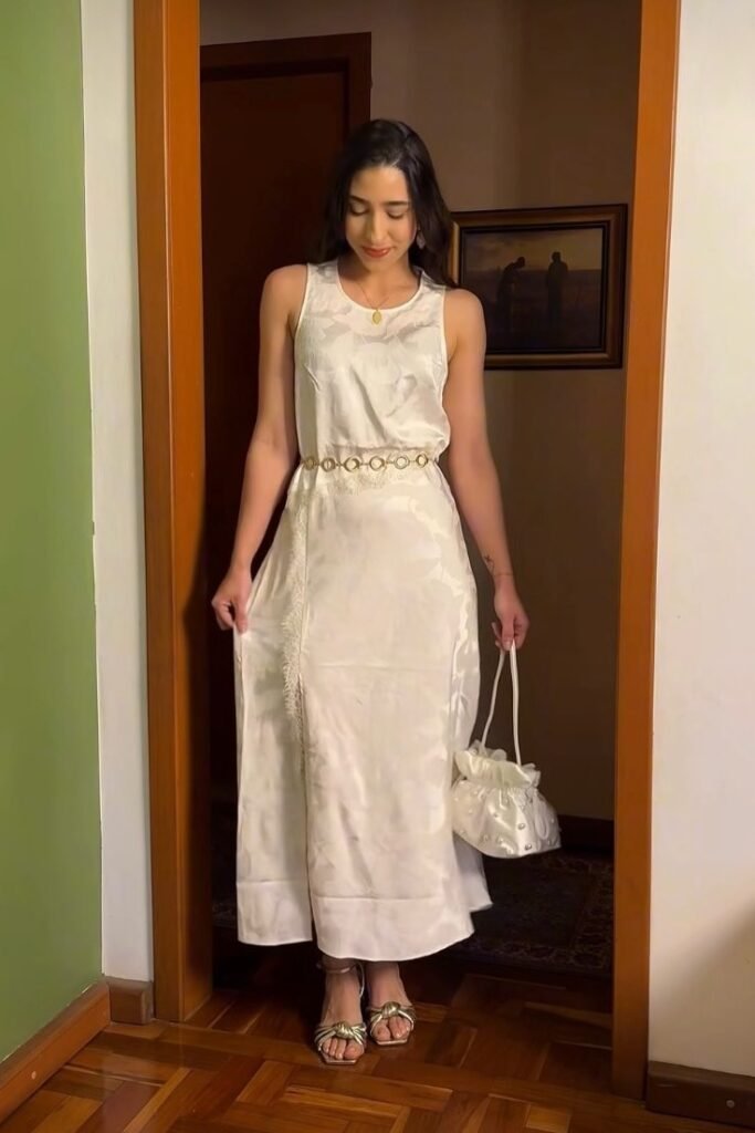 White Satin Sleeveless Dress + Gold Chain Belt + White Pearl Bucket Bag + Gold Sandals