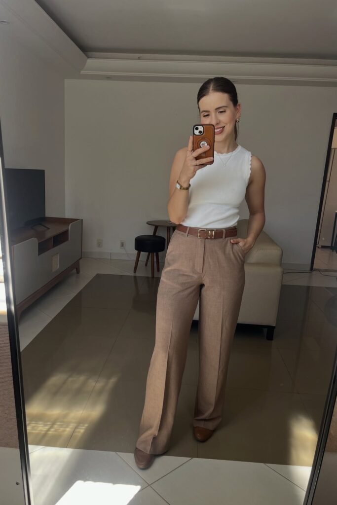 White Scalloped High-Neck Tank Top + Taupe Wide-Leg Trousers + Brown Leather Belt