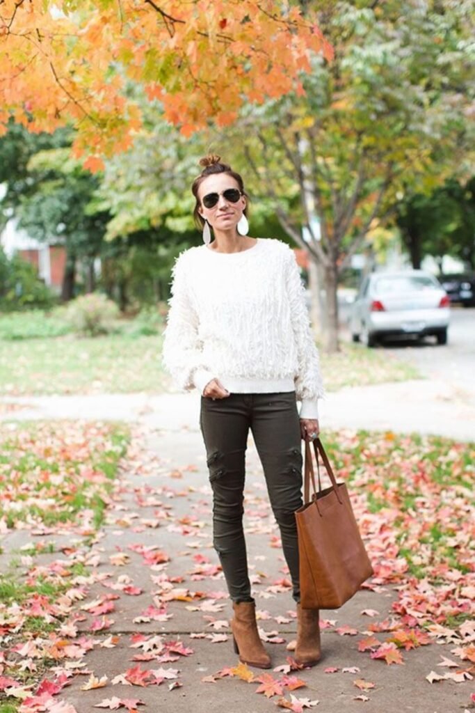 White Shaggy Textured Sweater + Olive Green Cargo Skinny Jeans + Tan Ankle Boots