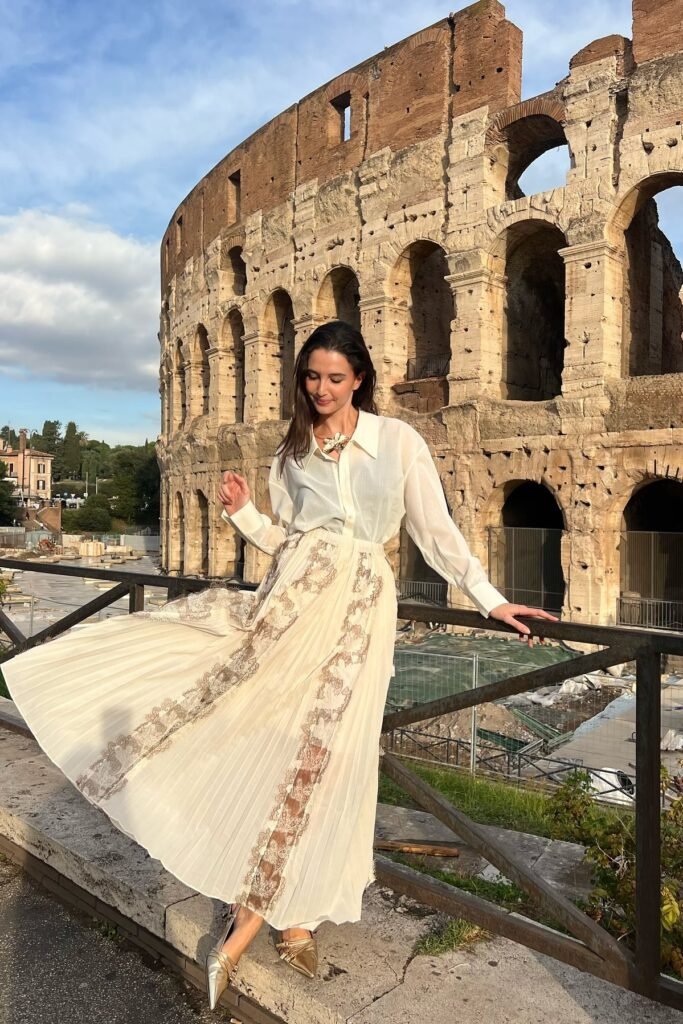 White Sheer Blouse + Lace Detail Pleated Maxi Skirt + Gold Pointed Flats