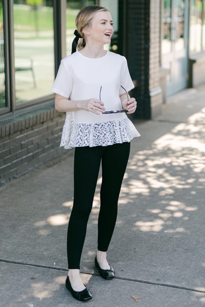 White Short Sleeve Blouse with Lace Hem + Black Skinny Pants + Black Square Toe Ballet Flats