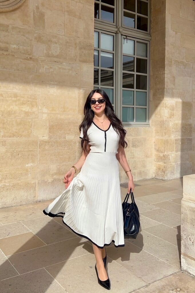 White Short Sleeve Midi Dress with Black Piping + Black Handbag + Black Pointed Heels