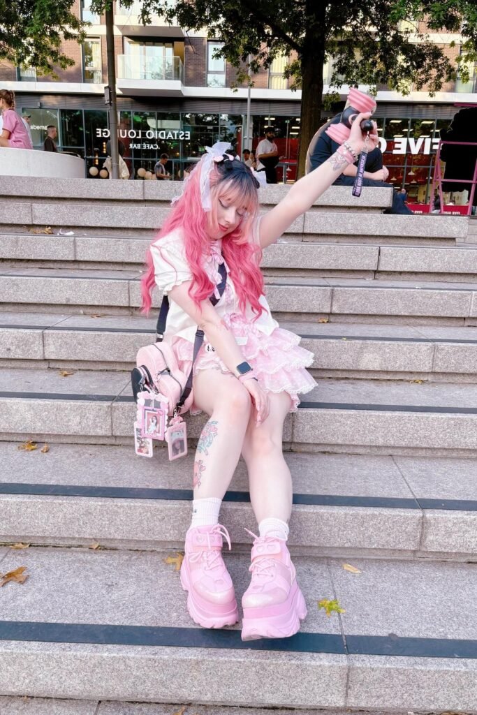 White Short Sleeve Ruffle Blouse + Pink Tiered Lace Mini Skirt + Pink Chunky Platform Sneakers