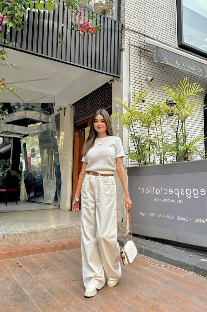 White Short Sleeve T Shirt + Off White Wide Leg Jeans + Tan Leather Belt + White Platform Boots