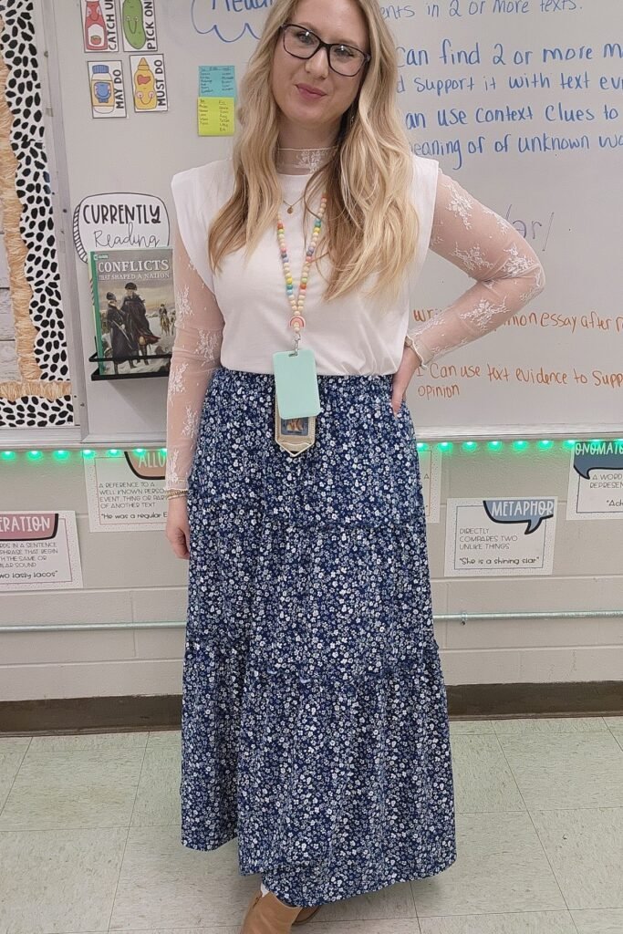 White Shoulder-Pad Top with Lace Sleeves + Blue Floral Tiered Maxi Skirt + Tan Ankle Boots