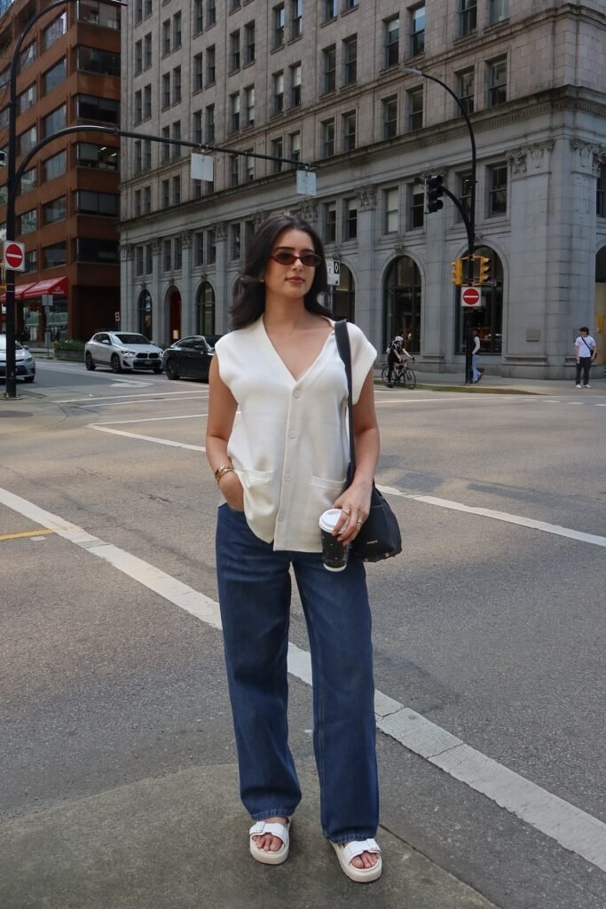 White Sleeveless Cardigan Vest + Dark Wash Wide-Leg Jeans + White Platform Sandals