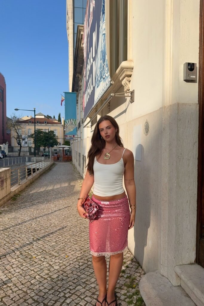 White Spaghetti Strap Tank Top + Pink Sequin Midi Skirt + Black Flip Flops