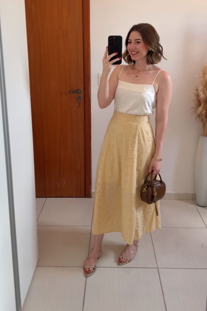 White Square-Neck Camisole + Pale Yellow Eyelet Midi Skirt + Small Brown Bowler Bag