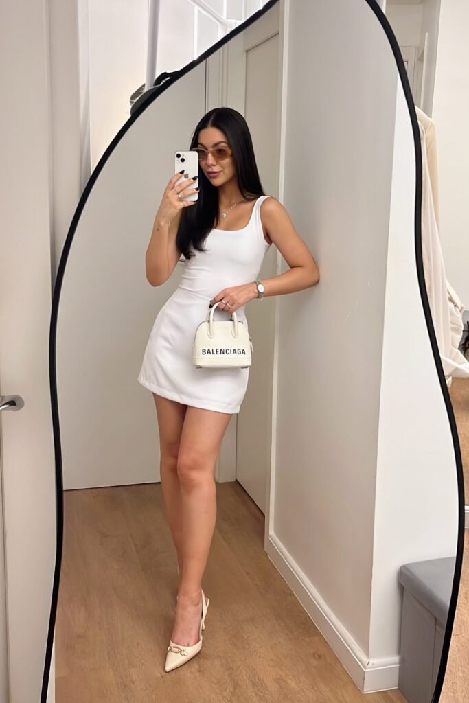 White Square Neck Mini Dress + White Balenciaga Handbag + Cream Pointed Heels