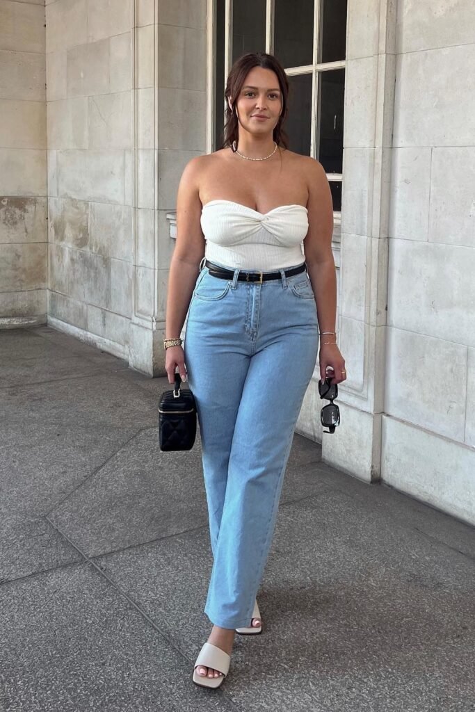 White Strapless Twist Front Top + High Waisted Blue Jeans + White Slide Sandals