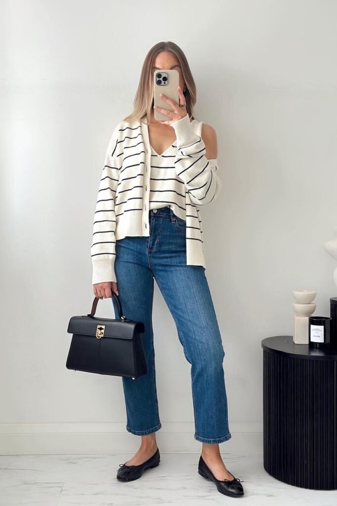 White Striped Cardigan & Matching Top + Medium Wash Jeans + Black Ballet Flats