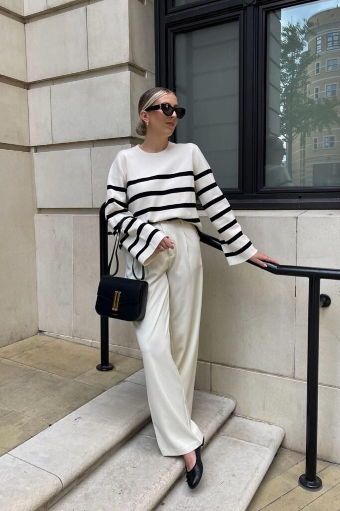 White Striped Oversized Sweater + Cream Wide-Leg Trousers + Black Ballet Flats